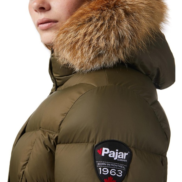 PAJAR CANADA Goose Down Puffer Coat with Fox Fur Hood Military Green Medium NWT - Picture 3 of 16